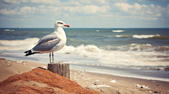 Seagull on the seashore. Photo in retro style