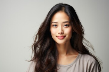 Fototapeta premium Portrait of a smiling young Asian woman with flowing hair on a light background.