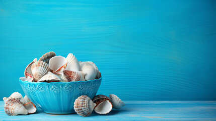 Obraz na płótnie Canvas Seashells in blue bowl on turquoise background
