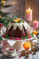 Obraz premium On the white wooden windowsill, a light pastel Christmas pudding in cream with a golden decor. In the background there is a beautiful winter window and festive candlelight.