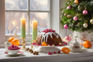 On the white wooden windowsill, a light pastel Christmas pudding in cream with a golden decor. In the background there is a beautiful winter window and festive candlelight.