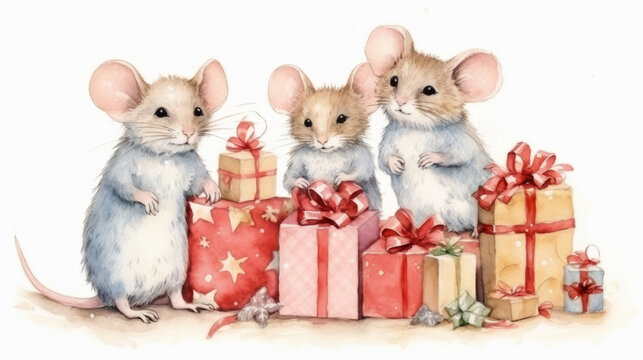 Happy family of mice with gifts. Watercolor drawing. AI generated.