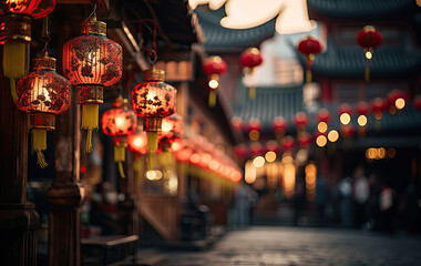 Naklejka premium Red lantern lighting at night on the street, Chinese new year background