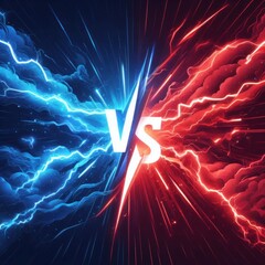 Lightning collision red and blue versus background with letters VS. Bright light flash with lightning from different directions. Versus banner, confrontation concept, vs battle, match game