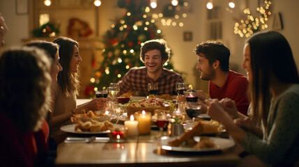 Obraz na płótnie Canvas group of friends having dinner on Christmas at home
