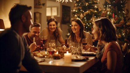 Obraz na płótnie Canvas group of people having dinner at home on Christmas 