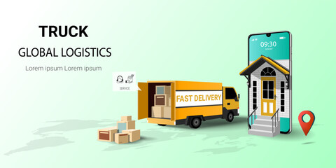 Online delivery service on mobile by truck, Global transport logistics, Delivery home and office, Online order. Truck, warehouse and parcel box. Delivery concept. 3D Perspective Vector illustration - obrazy, fototapety, plakaty
