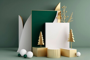 Generative AI illustration of a modern abstract christmas composition with geometric gold and green shapes, golden trees, and spherical white color element against a green background