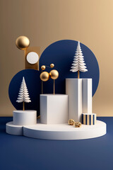 Generative AI image of a modern abstract christmas composition with white trees, golden and white spheres, and geometric shapes against a deep blue and beige background