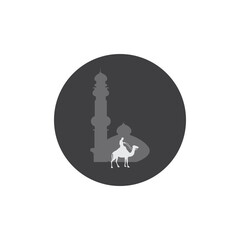 Camel icon logo with mosque background.