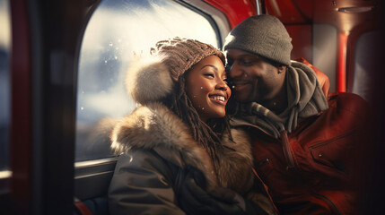 black couple on vacation in train 