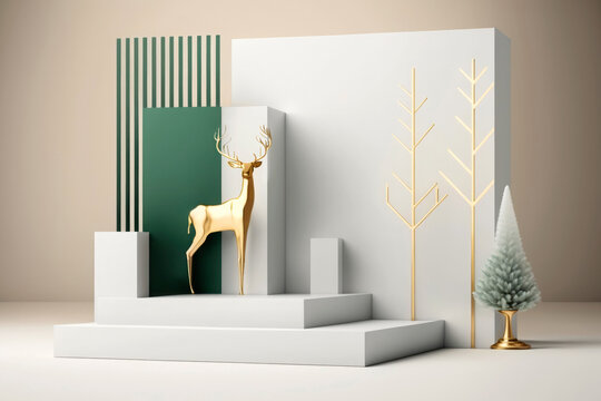 Generative AI image of a contemporary scene with golden deer, green and golden trees, and geometric white stages set against a beige backdrop