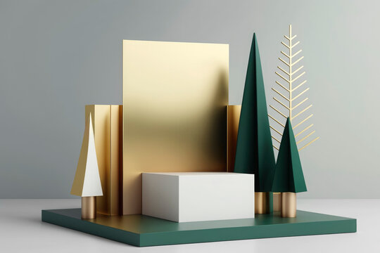 Generative AI illustration of a modern abstract christmas composition with geometric shape and rees in green and gold hues against a gray background.