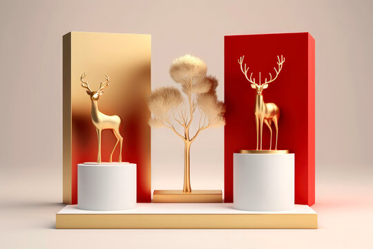 Generative AI image of golden deer statues on individual white podiums complemented by a fluffy tree, set against a gold and red background.