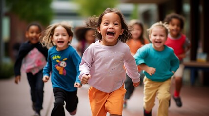 Group of kindergarten children are captured in a candid moment, their innocent expressions and joyful energy Kids friends playing running together - obrazy, fototapety, plakaty