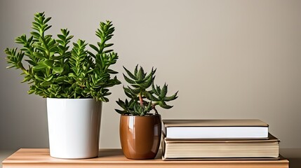Indoor plants and a white metal container on a wood surface, offering a natural and minimalist aesthetic.