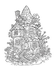 Fairytale house in the forest, black and white coloring, vector