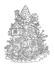 Fairytale house in the forest, black and white coloring, vector © Татьяна Петрова