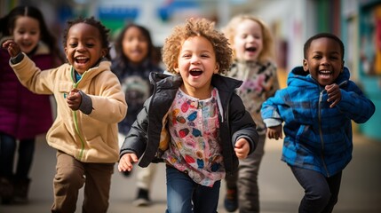 Group of kindergarten children are captured in a candid moment, their innocent expressions and joyful energy Kids friends playing running together