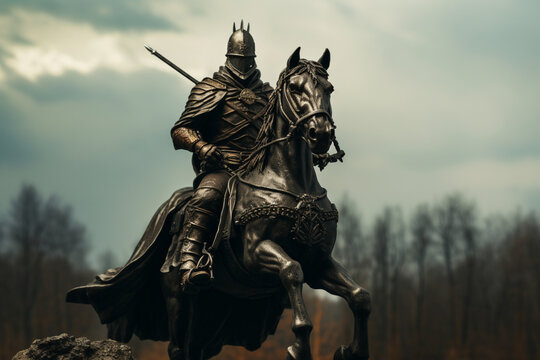 Metal statue of a soldier sitting on the horse, aesthetic look