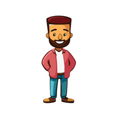 man standing cartoon character with hands in the buckets.