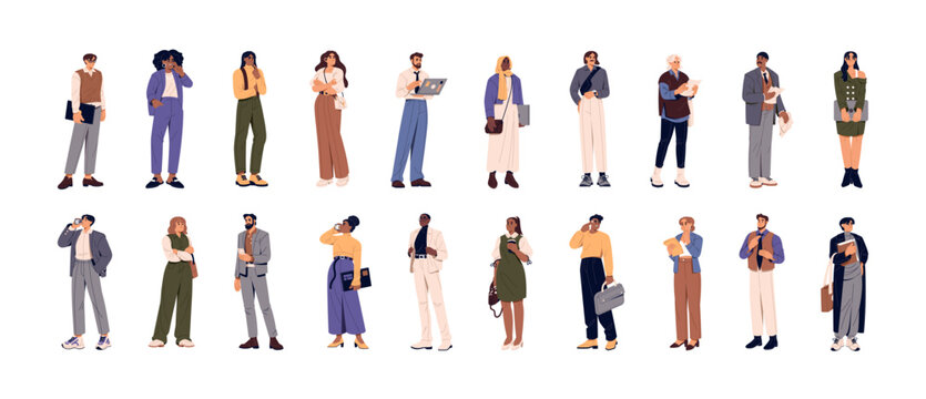 Modern business people set. Businessman in office suit standing. Businesswoman with smartphones. Diverse workers of multinational group. Happy men and women. Flat isolated vector illustration on white