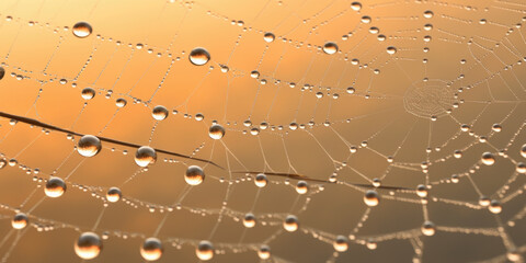 Cobweb or spiderweb natural rain pattern background close-up. Cobweb with drops of rain pattern in blue light. Cobweb net texture with morning rain bokeh. Partial blur view lines spider web necklace