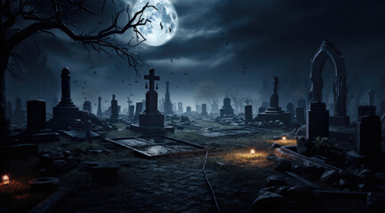 Full Moon over a dark mysterious cemetery. Crosses and graves at night in the moonlight.