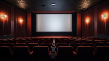 Empty of cinema in blue color with white blank screen. Mockup of hall, no people and auditorium. Copy space and background concept.