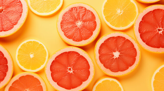 Slices of fresh orange and grapefruit on a yellow background