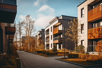 Modern brown apartment buildings in a housing development area, aesthetic look