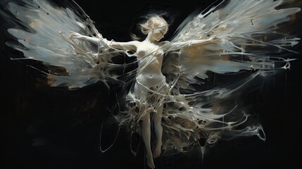 female angel waving wings on black background