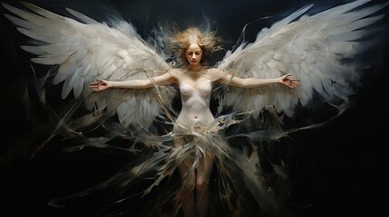 female angel waving wings on black background - obrazy, fototapety, plakaty