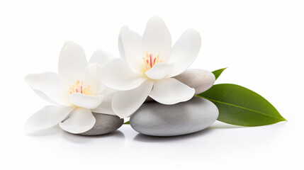 Naklejka na ściany i meble Spa stones white lotus flowers isolated on white bacKGROUND
