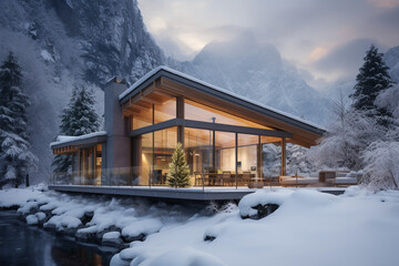 Modern Chalet In Winter With Snow Covered Trees On Background, aesthetic look