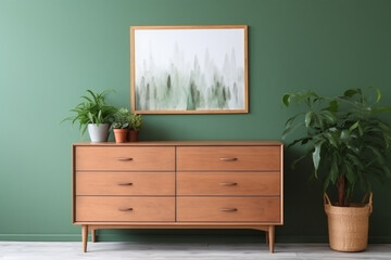 Modern chest of drawers with houseplant and blank pictures hanging on green wall in room, aesthetic look