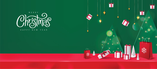 Merry Christmas banner red tablecloth product display with copy space and gift box decorate christmas tree background