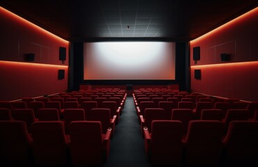 Obraz premium Empty of cinema in blue color with white blank screen. Mockup of hall, no people and auditorium. Copy space and background concept.