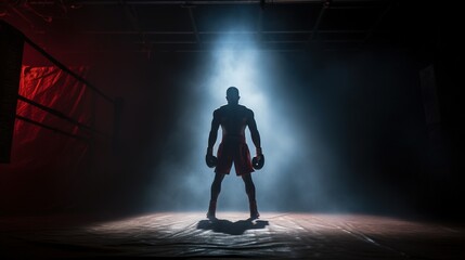 Back view of boxing athlete standing in the boxing ring. Sports and fighting concepts - obrazy, fototapety, plakaty