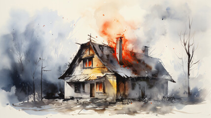 Burning house in style of aquarelle style