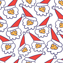 Fototapeta premium seamless color pattern with santa heads in doodle style. head of an old man in santa hats. template for print, background, wallpaper, fabric, packaging, children's book, decoration.