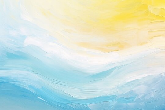 Abstract painting in blue and yellow hues, resembling a serene sea and warm beach sand, evoking a vacation mood. Abstract holiday, travel background. Copy space for text.