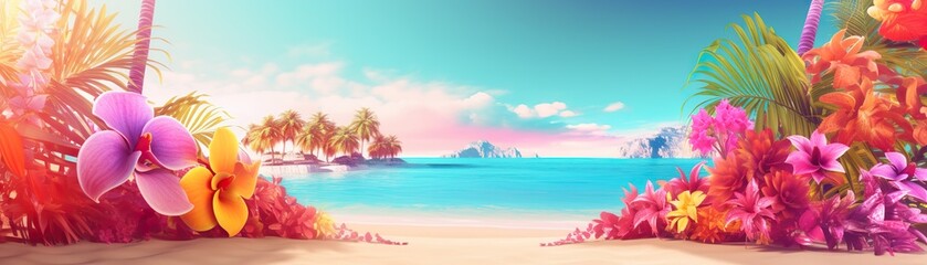 Colorful tropical flowers frame a serene beach with palm trees on small islets under a pastel...