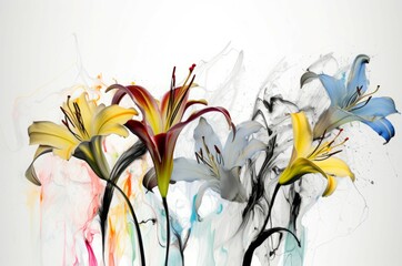 Abstract colorful lily flowers with paint splashes. Radiant multicolored lilies blossom splatter. Generate ai