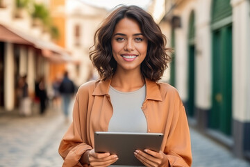 Generative AI illustration of happy woman in working with tablet in hands looking at camera with toothy smile in the middle of the street