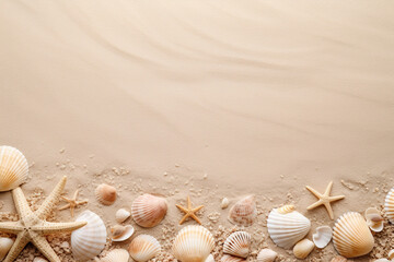 Fototapeta na wymiar Top view of a sandy beach with various seashells and starfish on one side, copy space. Vacation, holiday background. Empty space for text, advertising. Travel, relax.