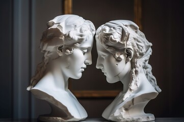 Obraz premium Human sculptures demonstration of depression state. Ancient white statues broken of loneliness and sorrow. Generate ai