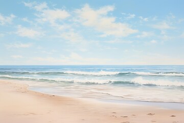 Serene beach scene with soft sandy shore, ocean waves, and a blue sky with fluffy clouds. Vacation mood that speaks of tranquility and relaxation. Peaceful holiday. Relax in the nature.