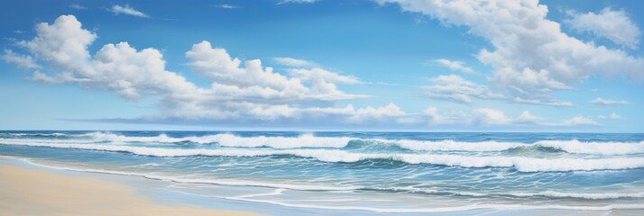 Serene beach scene with soft sandy shore, ocean waves, and a blue sky with fluffy clouds. Vacation mood that speaks of tranquility and relaxation. Peaceful holiday. Relax in the nature.