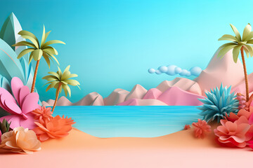 Fototapeta na wymiar Colorful tropical scene with stylized palm trees, flowers, and mountains against a clear blue sky. Vacation, holiday background. Empty, copy space for text. Vibrant colors.